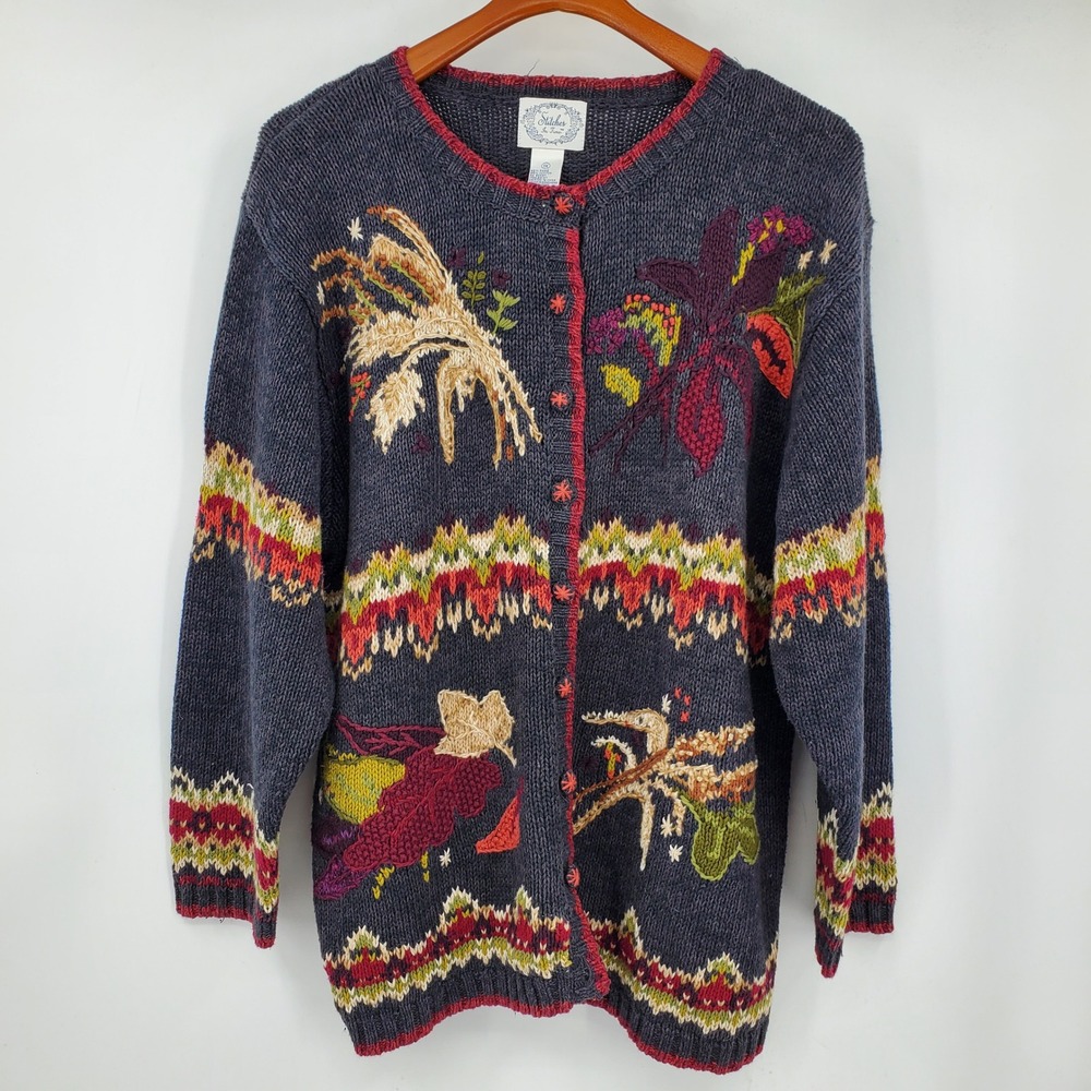 Vintage 90s Stitches In Time 1X Embroidered Cardigan Fall Sweater Ramie Cotton